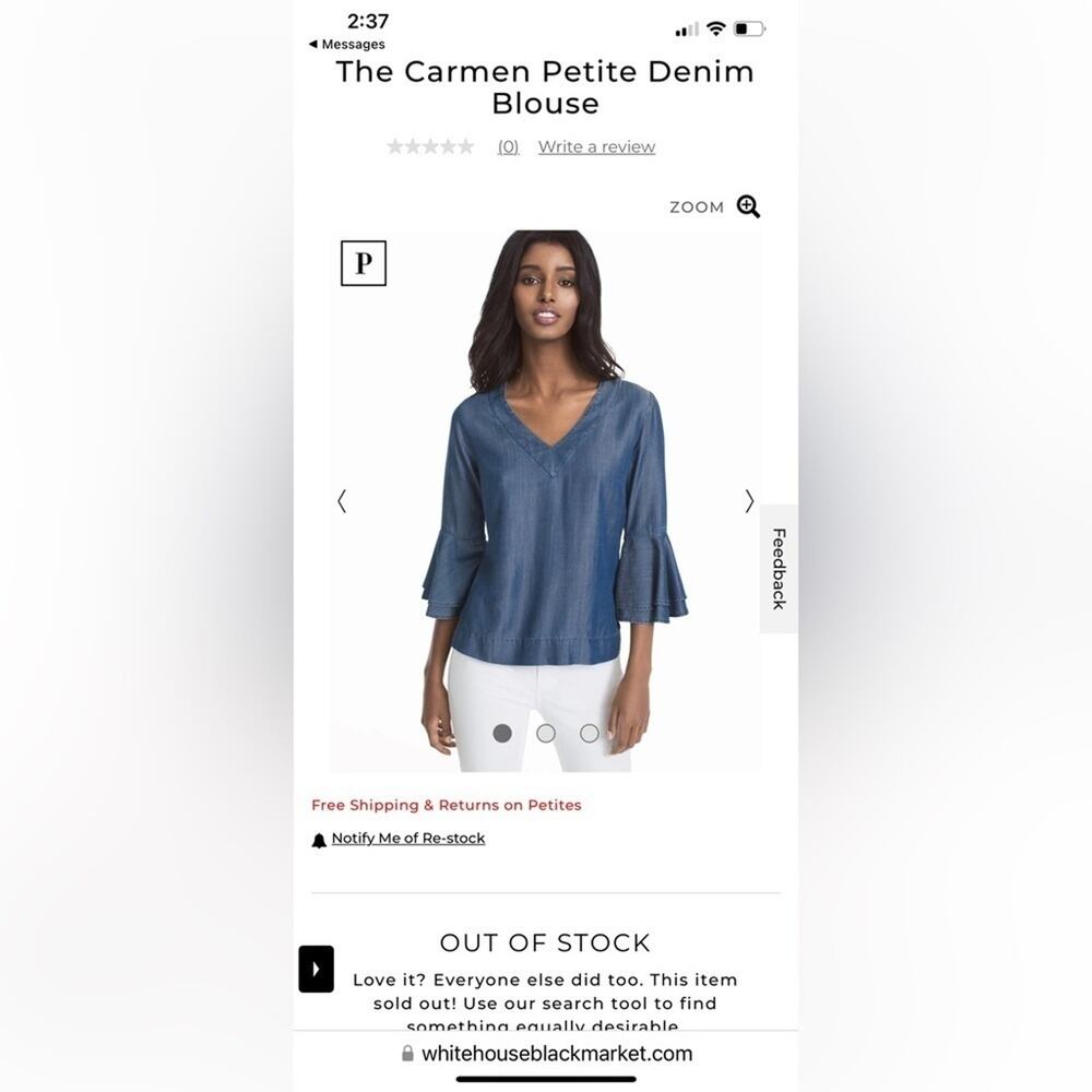 WHBM The Carmen Lyocel Denim Bell-Sleeve Blouse Size 6 Petite - Picture 4 of 11